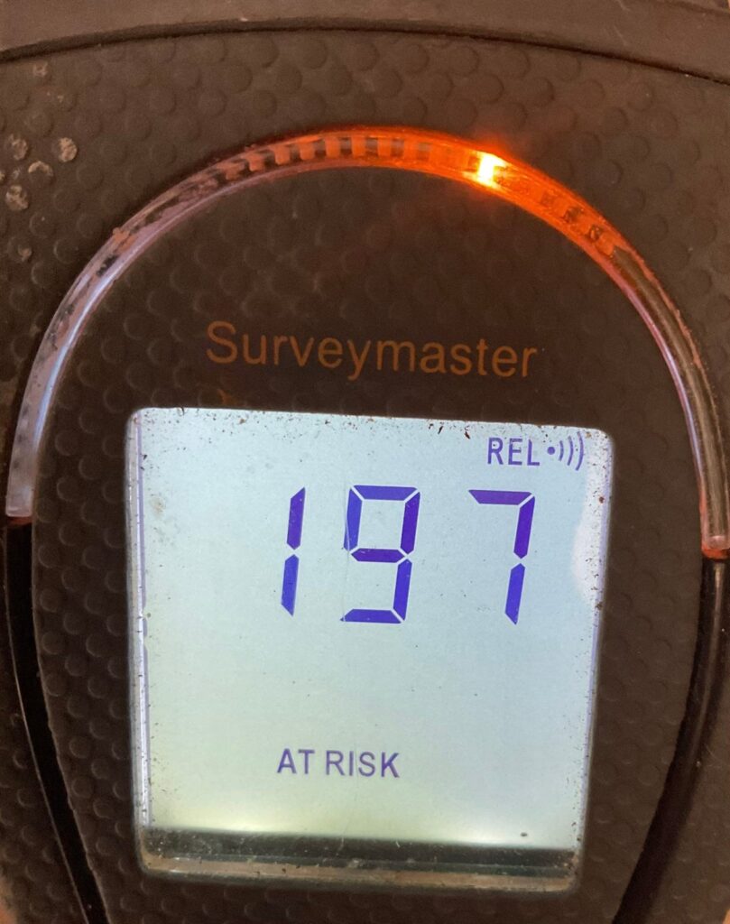 Handheld moisture meter display showing an elevated reading of 197 marked at risk