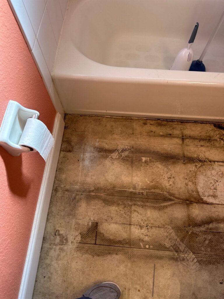 Stained subfloor exposed beside a bathtub after removal of water damaged flooring